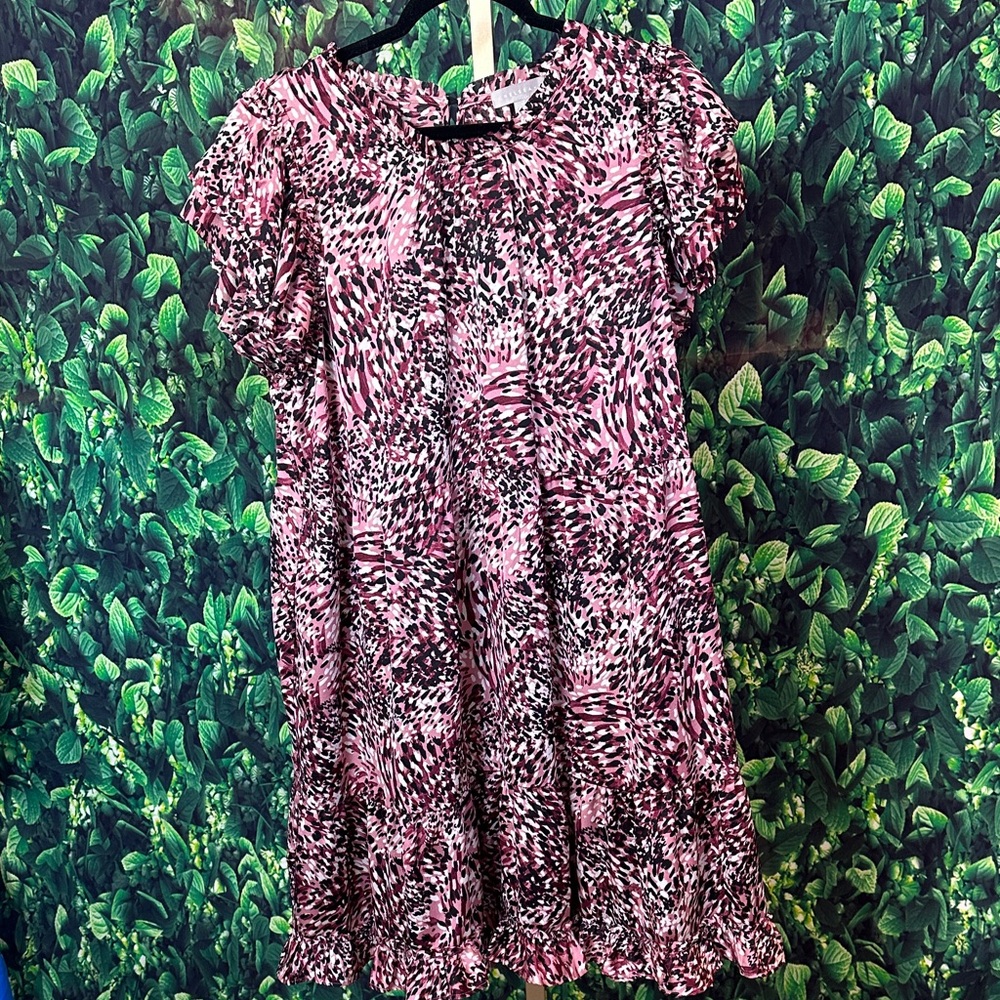 Chelsea28 Pink Animal Printed Puff Sleeve Tiered Satin Minidress Ladies XL - Picture 2 of 8